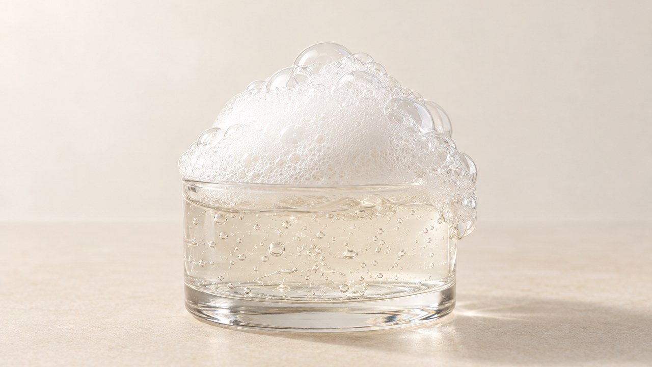 Double Cleansing Effectively: a glass dish of foaming gel cleanser