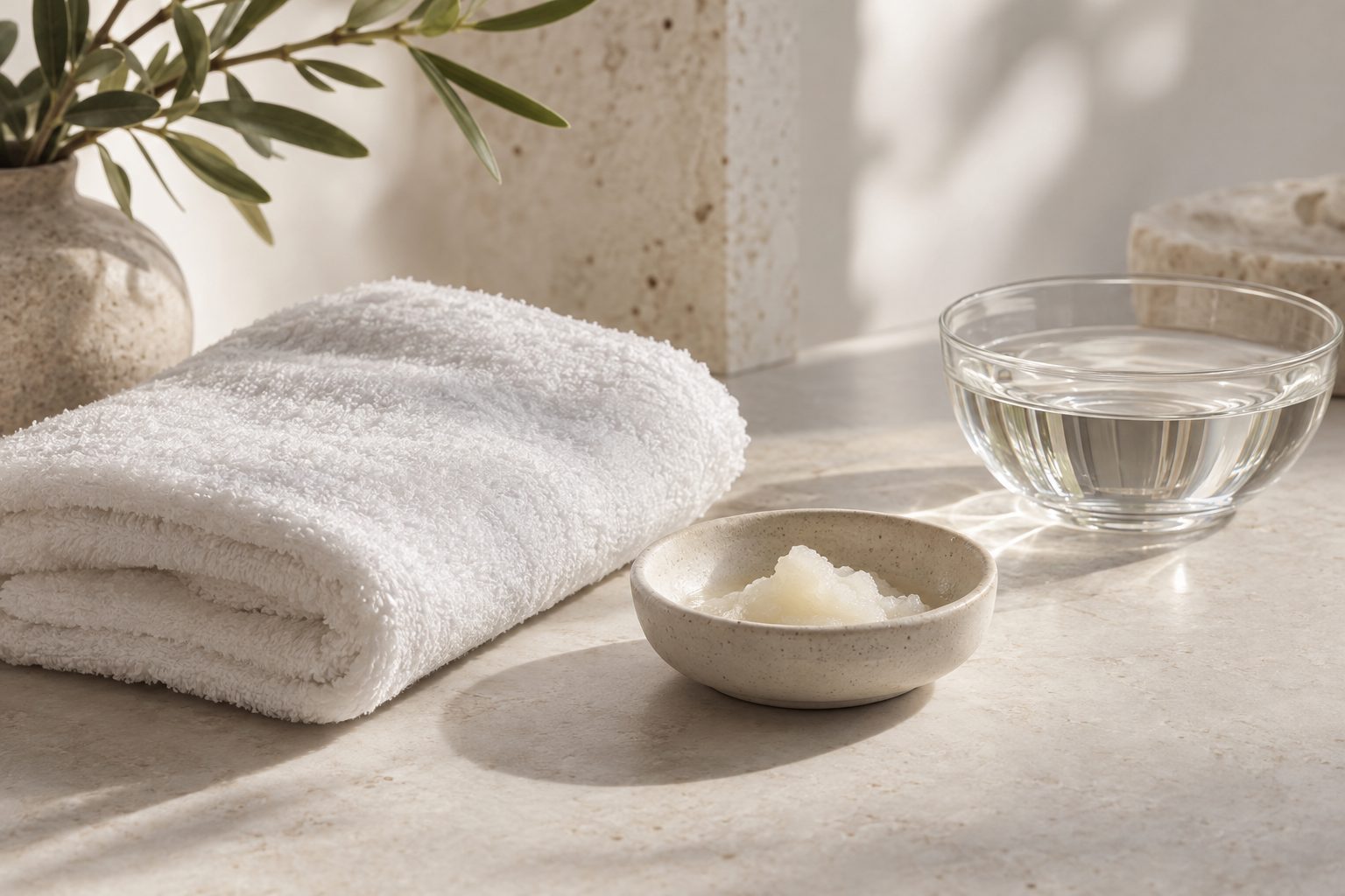 A folded white towel, a dish of cleansing balm and a glass bowl of water on a stone counter in soft light